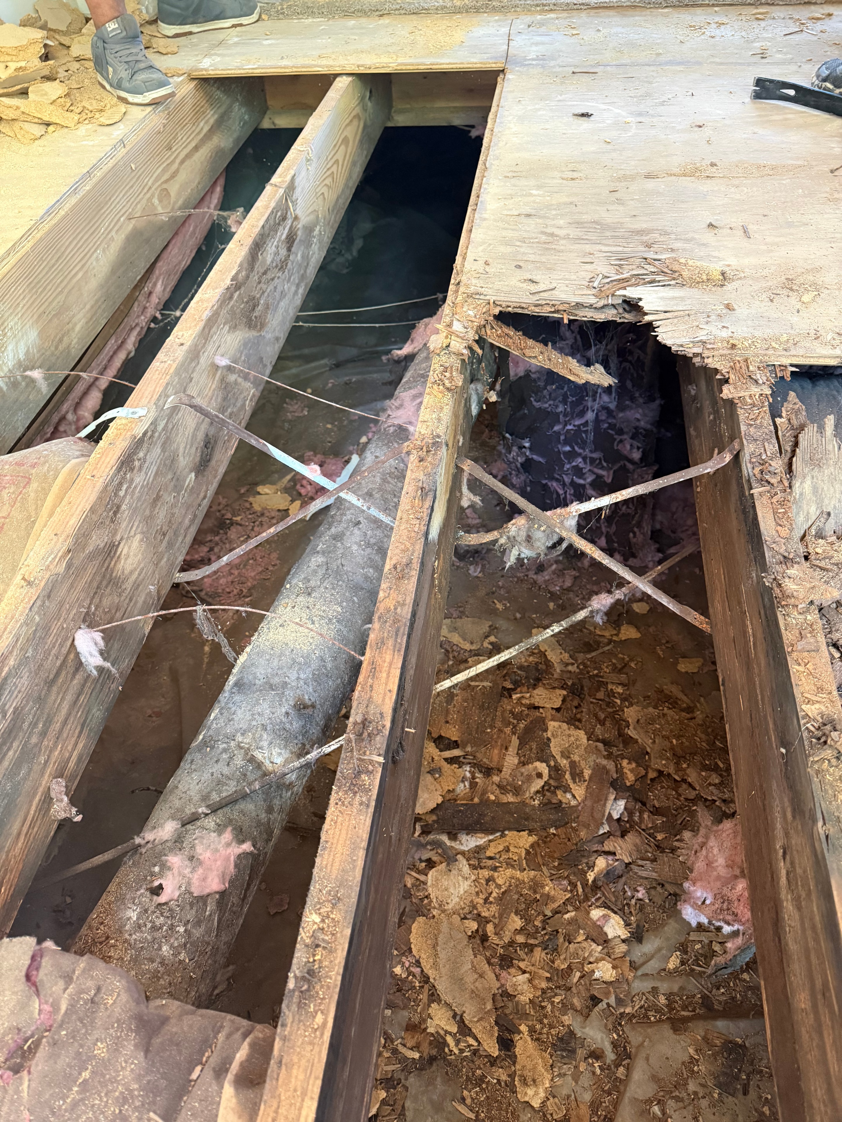 Rotted roof framing exposed during restoration